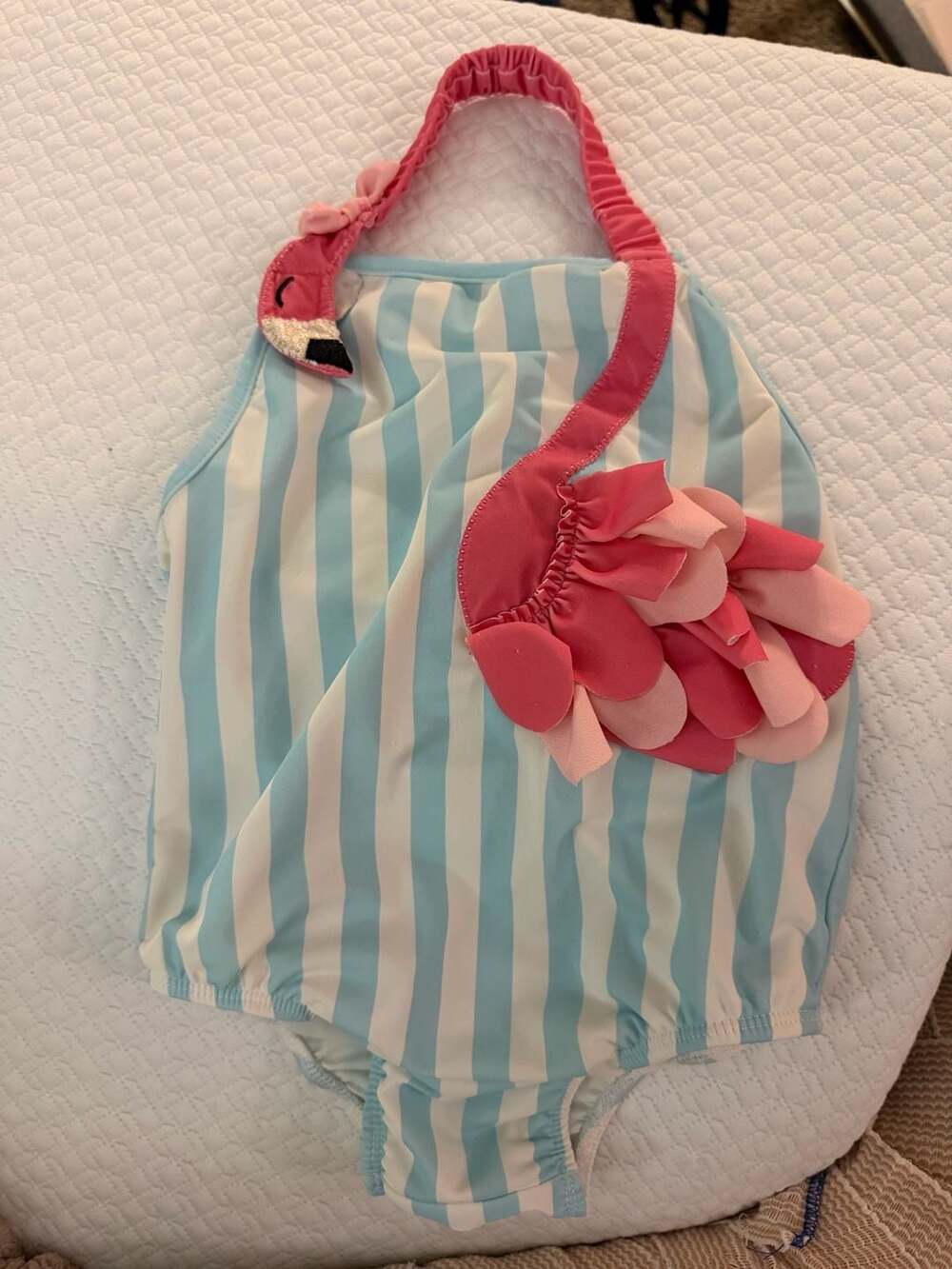 Mud Pie Flamingo Swimsuit Size 4T Blue Striped One-Piece Bathing Suit